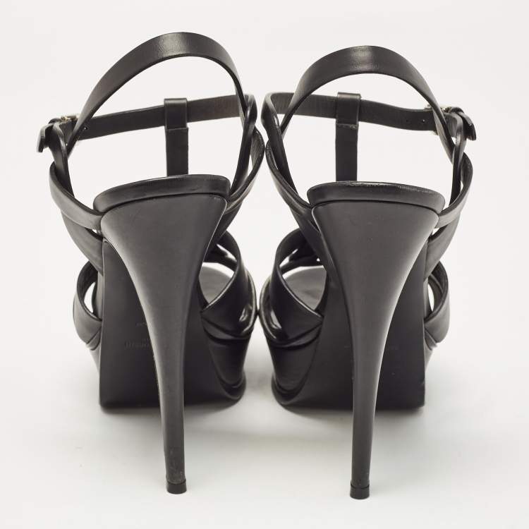 Pre Owned Saint Laurent Black Leather Tribute Platform Ankle Strap Sandals Size 41