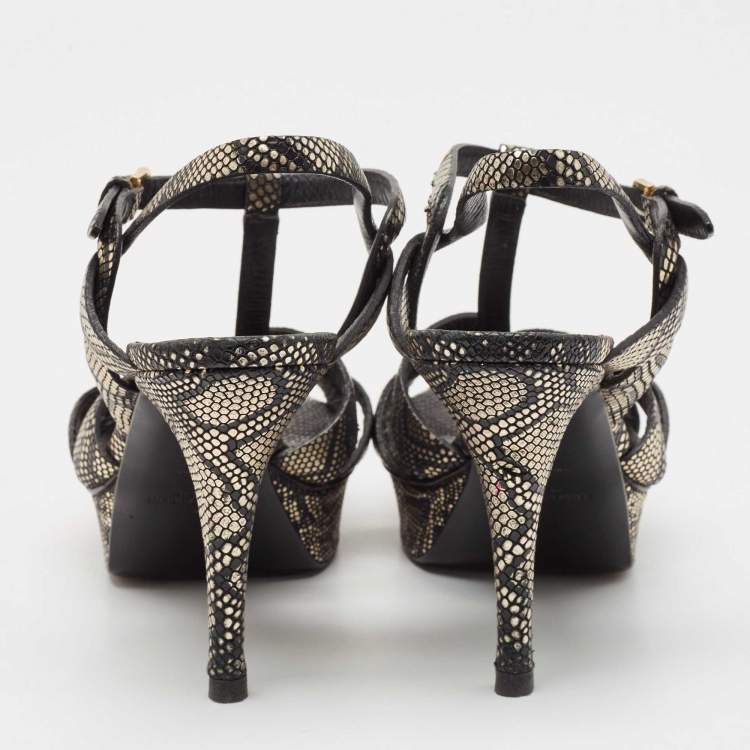 Pre Owned Saint Laurent Black/Gold Textured Leather Tribute Sandals Size 39.5