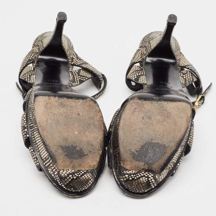 Pre Owned Saint Laurent Black/Gold Textured Leather Tribute Sandals Size 39.5