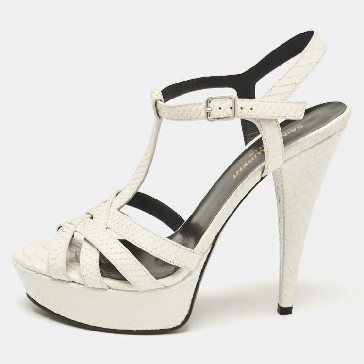 Pre Owned Saint Laurent White Python Embossed Leather Platform T Strap Sandals Size 38