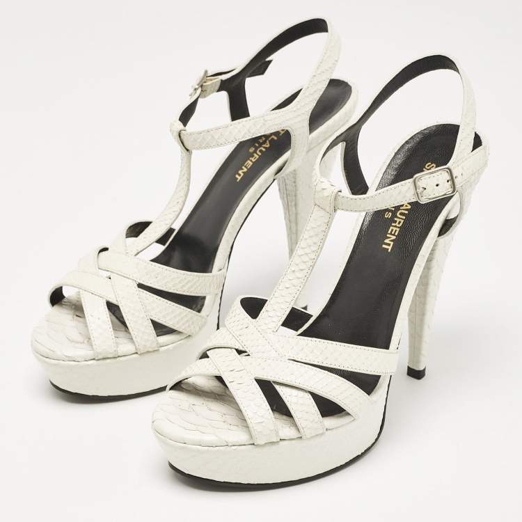 Pre Owned Saint Laurent White Python Embossed Leather Platform T Strap Sandals Size 38