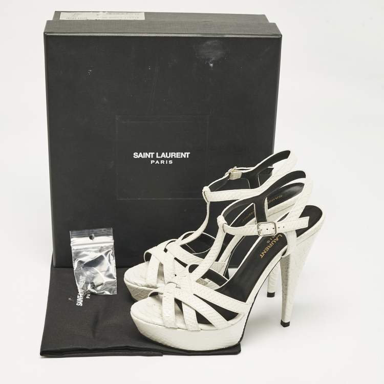 Pre Owned Saint Laurent White Python Embossed Leather Platform T Strap Sandals Size 38