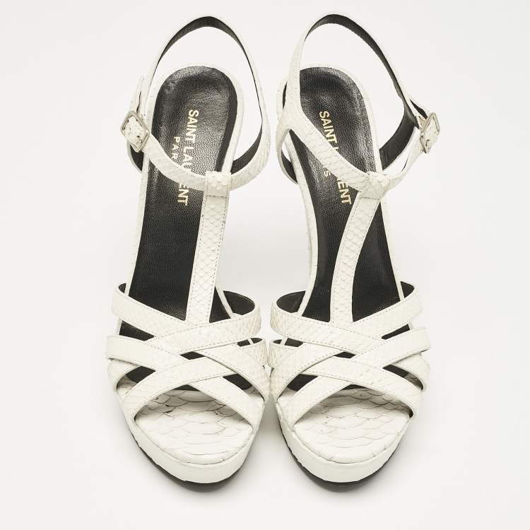 Pre Owned Saint Laurent White Python Embossed Leather Platform T Strap Sandals Size 38