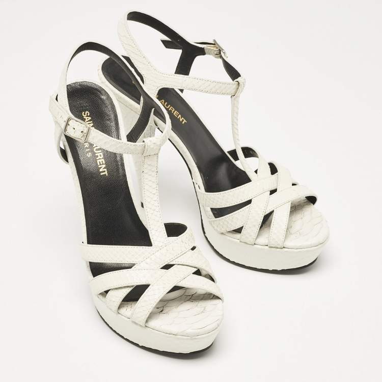 Pre Owned Saint Laurent White Python Embossed Leather Platform T Strap Sandals Size 38