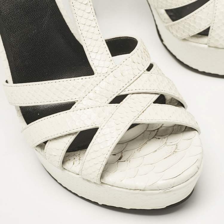 Pre Owned Saint Laurent White Python Embossed Leather Platform T Strap Sandals Size 38