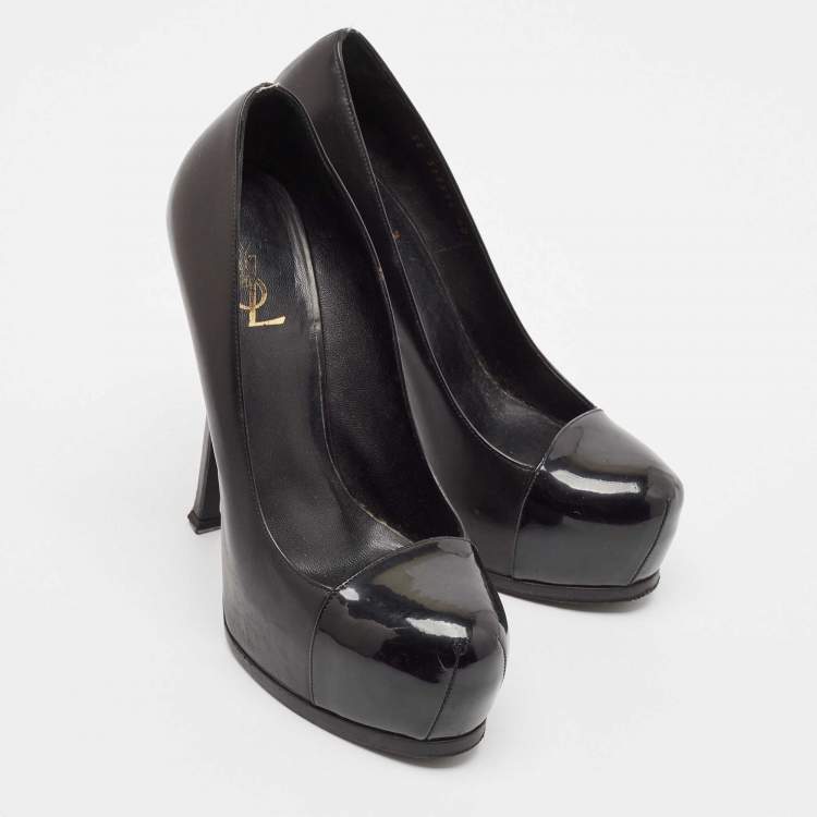 Pre Owned Saint Laurent Black Leather and Patent Leather Tribtoo Platform Pumps Size 40