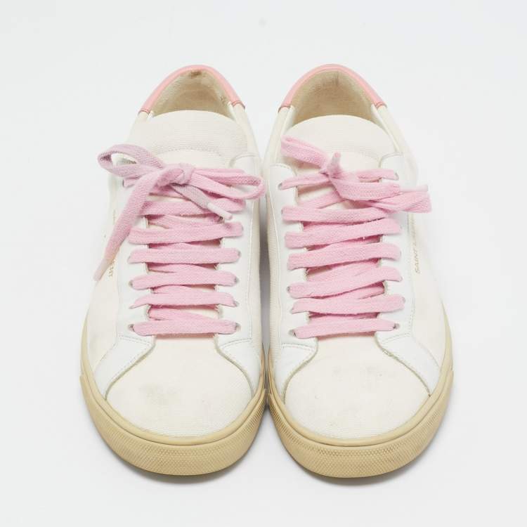 Pre Owned Saint Laurent Off White/Pink Canvas and Leather Andy Low Top Sneakers Size 38.5