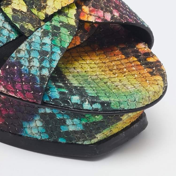 Pre Owned Saint Laurent Multicolor Python Embossed Leather Tribute Sandals Size 39.5
