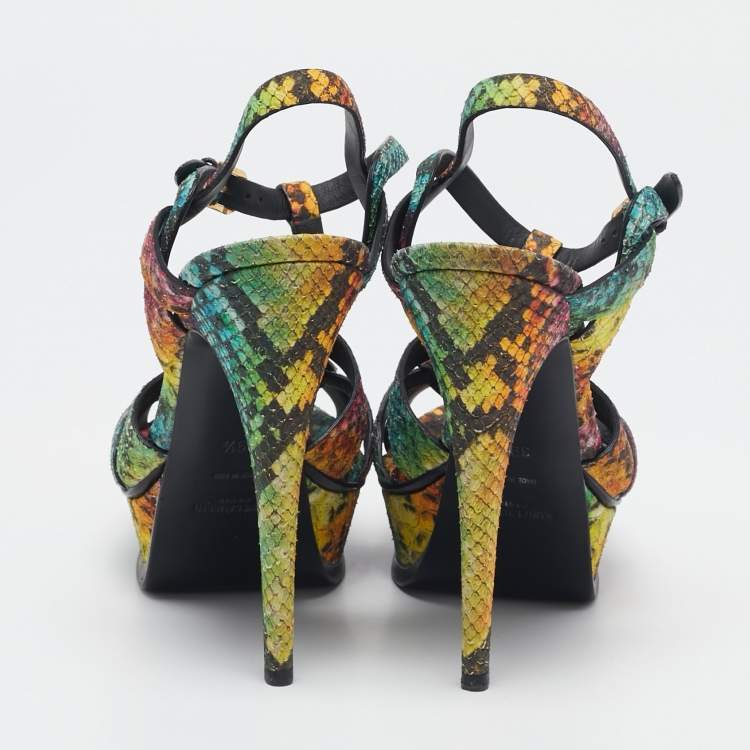 Pre Owned Saint Laurent Multicolor Python Embossed Leather Tribute Sandals Size 39.5