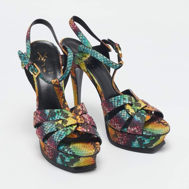 Pre Owned Saint Laurent Multicolor Python Embossed Leather Tribute Sandals Size 39.5