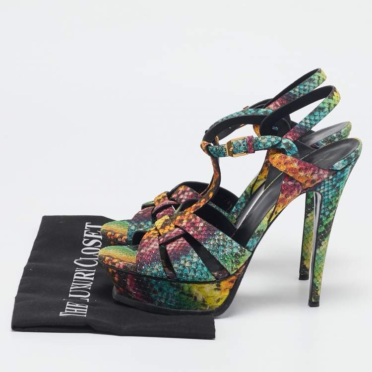Pre Owned Saint Laurent Multicolor Python Embossed Leather Tribute Sandals Size 39.5