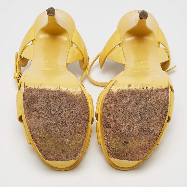 Pre Owned Saint Laurent Yellow Patent Leather Tribute Platform Sandals Size 35