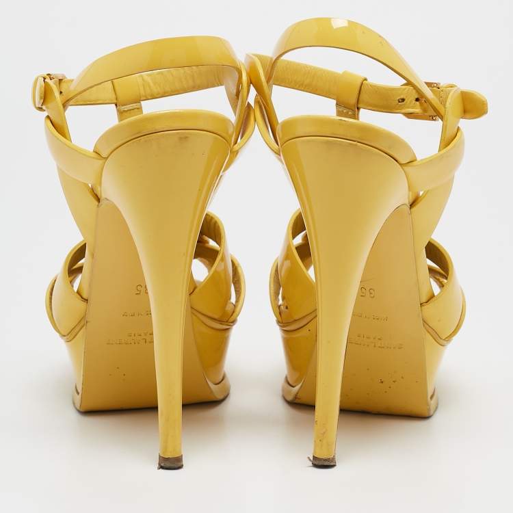Pre Owned Saint Laurent Yellow Patent Leather Tribute Platform Sandals Size 35