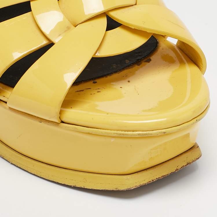 Pre Owned Saint Laurent Yellow Patent Leather Tribute Platform Sandals Size 35