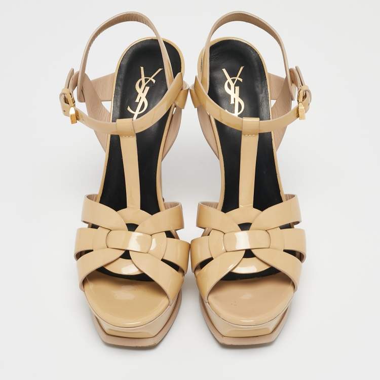 Pre Owned Saint Laurent Beige Patent Leather Tribute Platform Sandals Size 38.5
