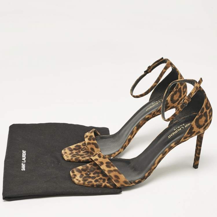 Pre Owned Saint Laurent Brown Leopard Print Suede Ankle Strap Sandals Size 42