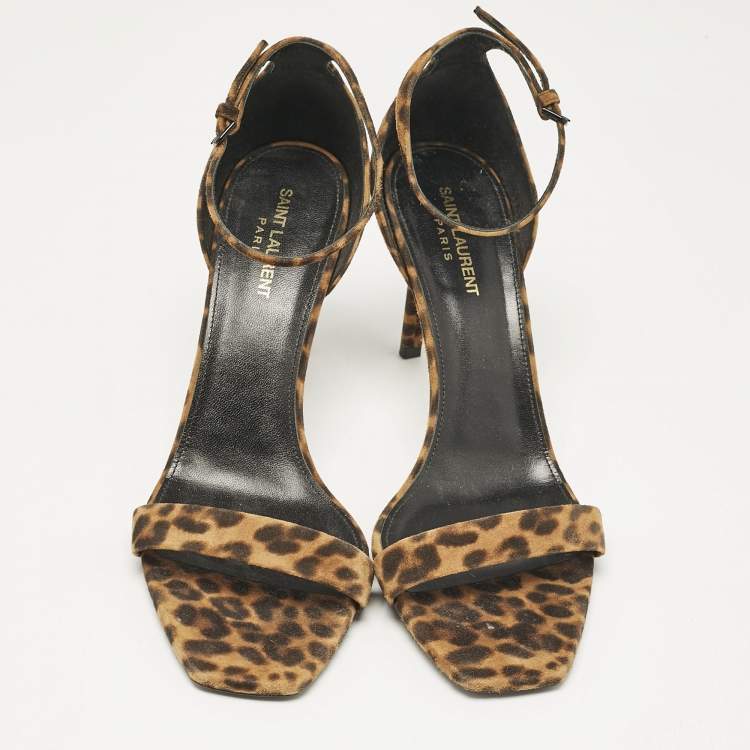 Pre Owned Saint Laurent Brown Leopard Print Suede Ankle Strap Sandals Size 42