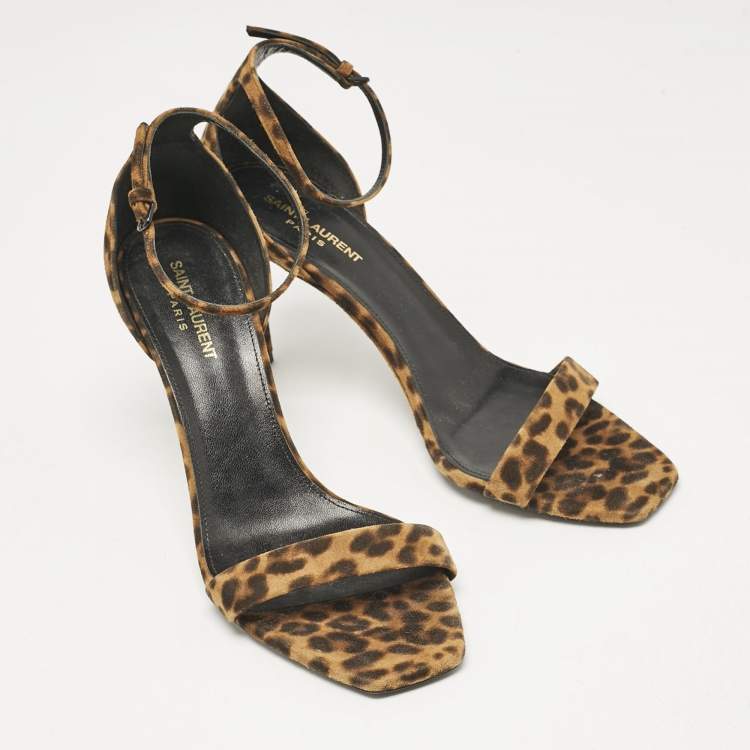 Pre Owned Saint Laurent Brown Leopard Print Suede Ankle Strap Sandals Size 42