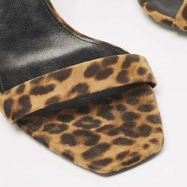 Pre Owned Saint Laurent Brown Leopard Print Suede Ankle Strap Sandals Size 42