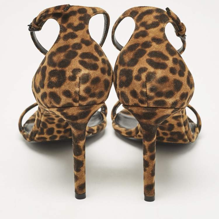 Pre Owned Saint Laurent Brown Leopard Print Suede Ankle Strap Sandals Size 42