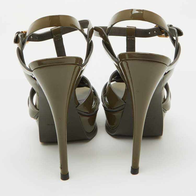 Pre Owned Saint Laurent Olive Green Patent Leather Tribute Platform Sandals Size 38