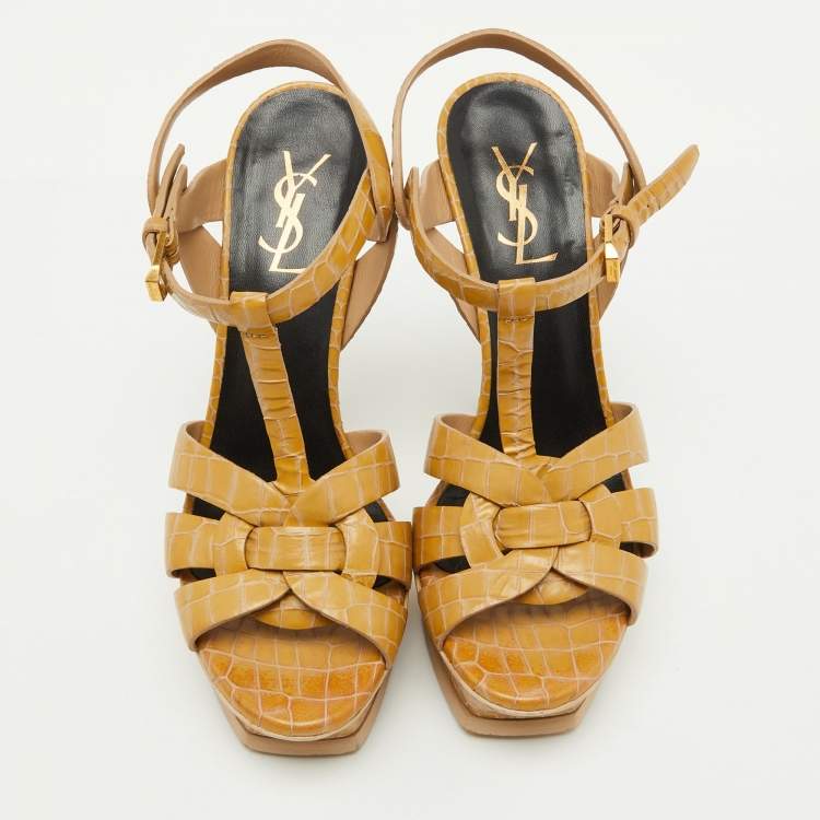 Pre Owned Saint Laurent Yellow Croc Embossed Leather Tribute Platform Sandals Size 38
