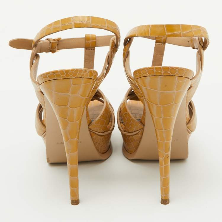 Pre Owned Saint Laurent Yellow Croc Embossed Leather Tribute Platform Sandals Size 38