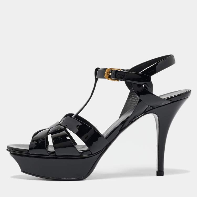 Pre Owned Saint Laurent Black Patent Leather Tribute Platform Sandals Size 38.5