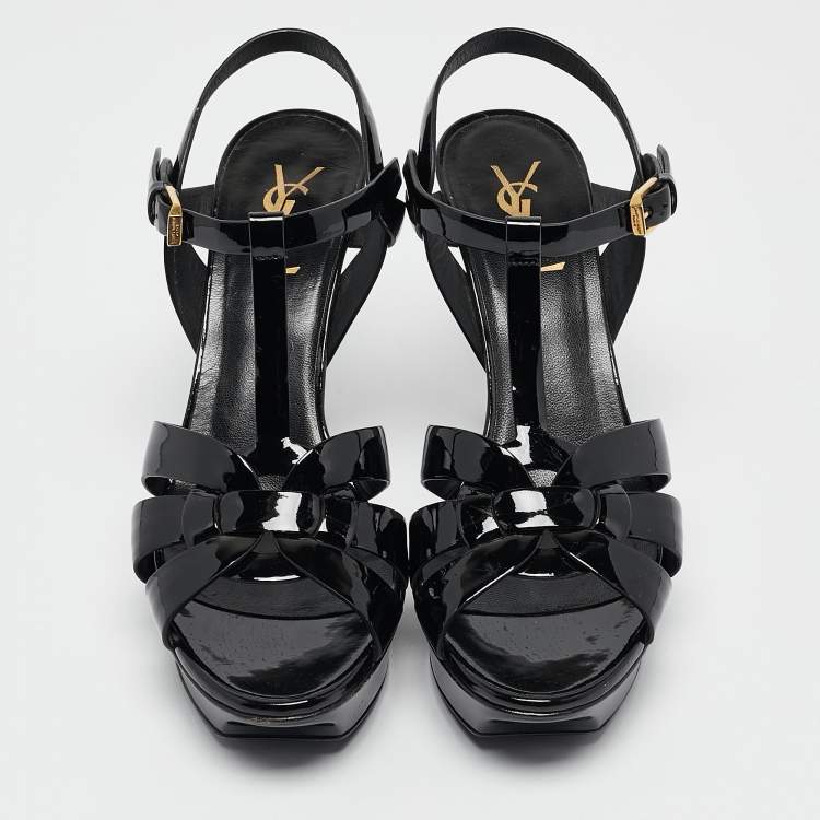 Pre Owned Saint Laurent Black Patent Leather Tribute Platform Sandals Size 38.5