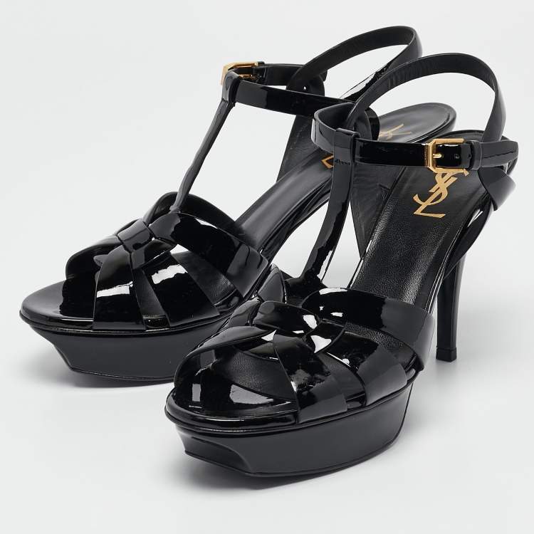 Pre Owned Saint Laurent Black Patent Leather Tribute Platform Sandals Size 38.5