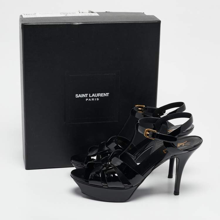 Pre Owned Saint Laurent Black Patent Leather Tribute Platform Sandals Size 38.5