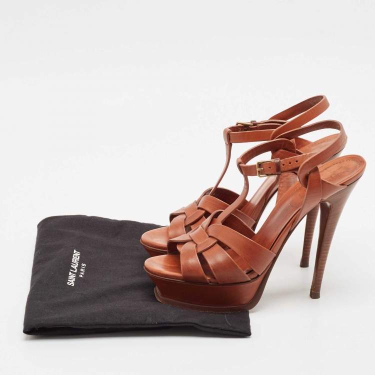 Pre Owned Saint Laurent Brown Leather Tribute Platform Ankle Strap Sandals Size 38