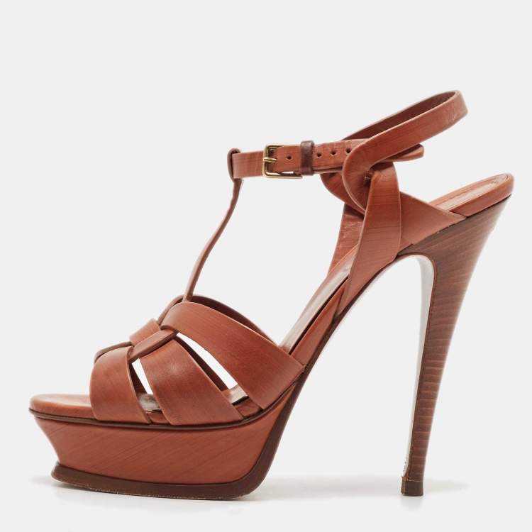 Pre Owned Saint Laurent Brown Leather Tribute Platform Ankle Strap Sandals Size 38