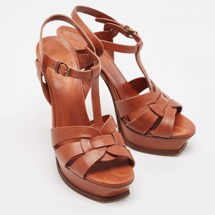 Pre Owned Saint Laurent Brown Leather Tribute Platform Ankle Strap Sandals Size 38