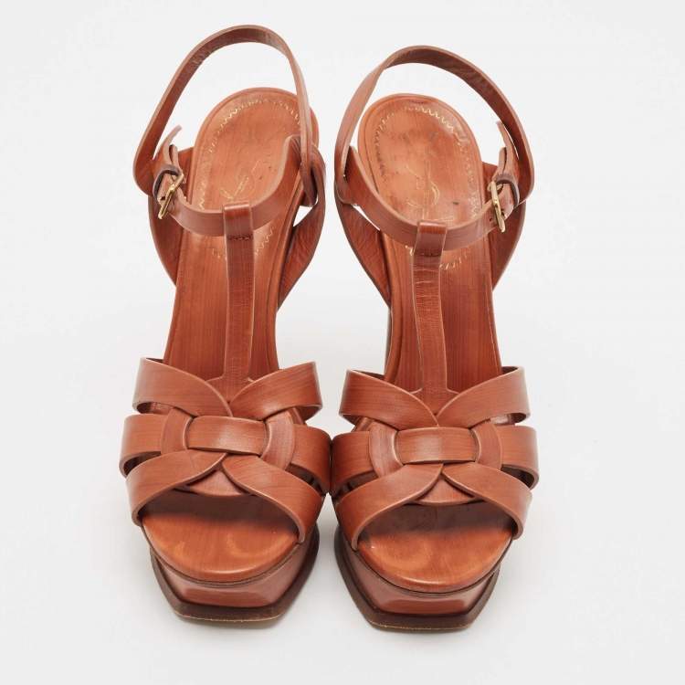 Pre Owned Saint Laurent Brown Leather Tribute Platform Ankle Strap Sandals Size 38
