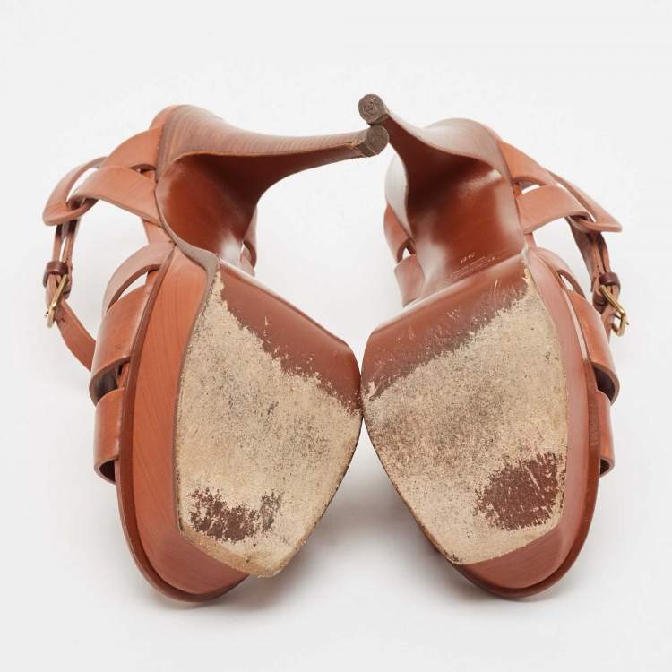 Pre Owned Saint Laurent Brown Leather Tribute Platform Ankle Strap Sandals Size 38