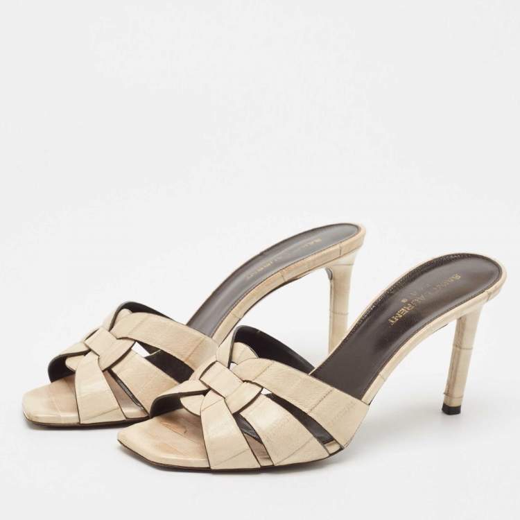 Pre Owned Saint Laurent Cream Eel Leather Tribute Slide Sandals Size 40