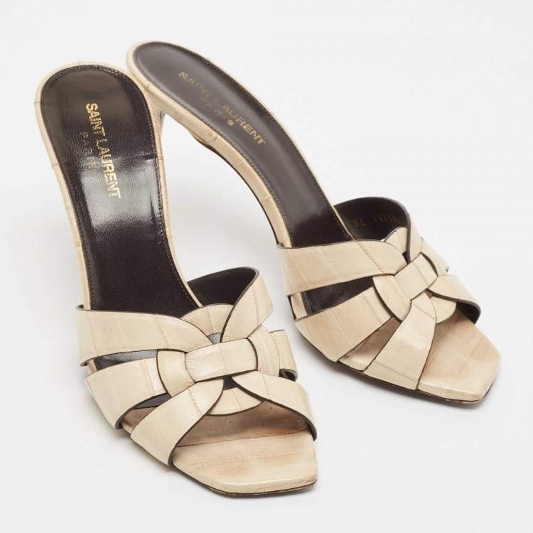 Pre Owned Saint Laurent Cream Eel Leather Tribute Slide Sandals Size 40