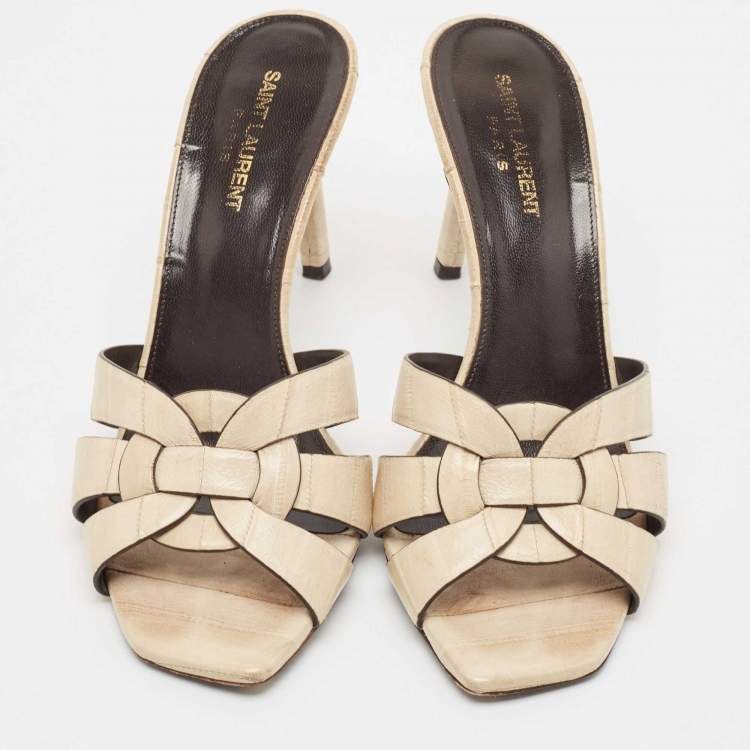 Pre Owned Saint Laurent Cream Eel Leather Tribute Slide Sandals Size 40