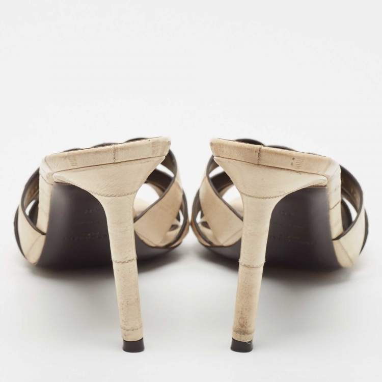 Pre Owned Saint Laurent Cream Eel Leather Tribute Slide Sandals Size 40
