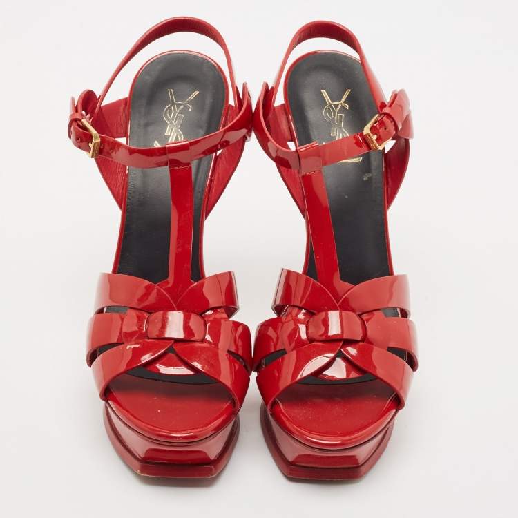 مملوكة مسبقًا Saint Laurent Red Leather Tribute Platform Sandals Size 39.5
