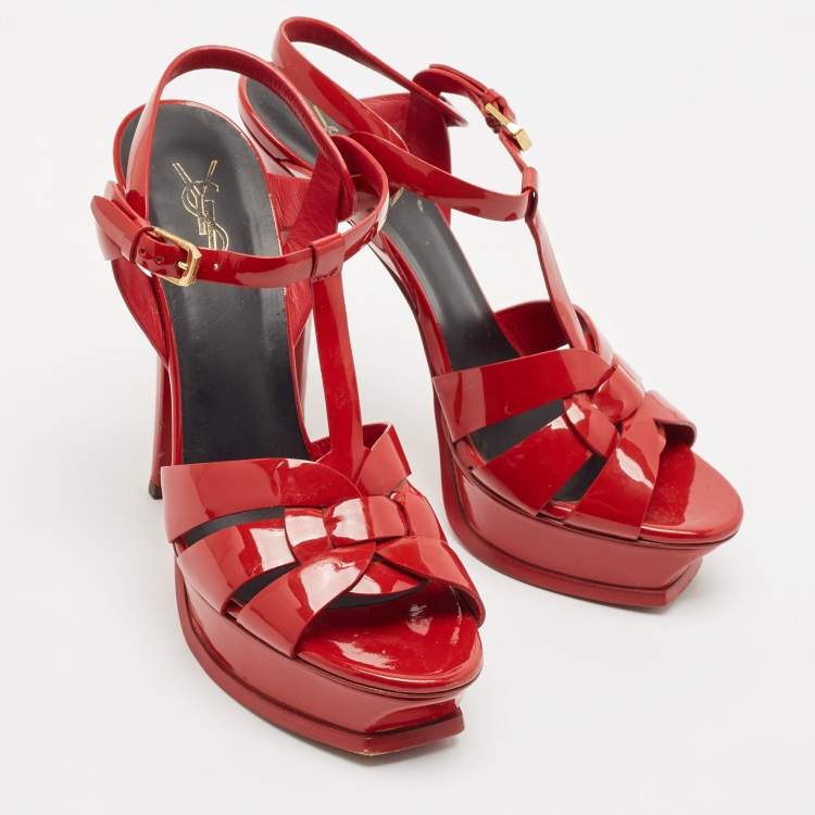 مملوكة مسبقًا Saint Laurent Red Leather Tribute Platform Sandals Size 39.5