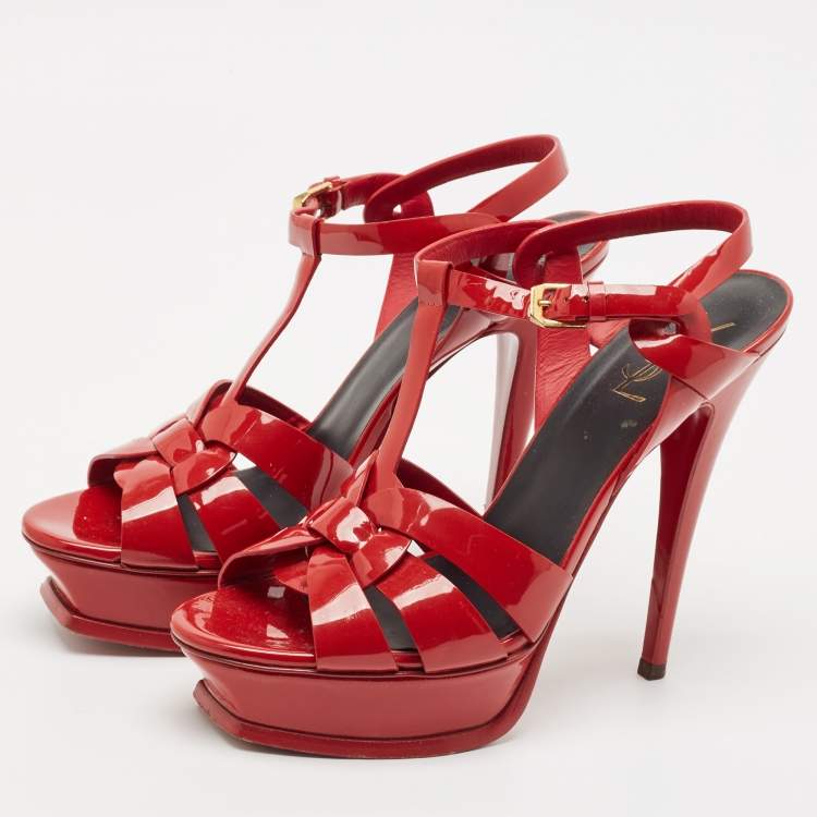 مملوكة مسبقًا Saint Laurent Red Leather Tribute Platform Sandals Size 39.5