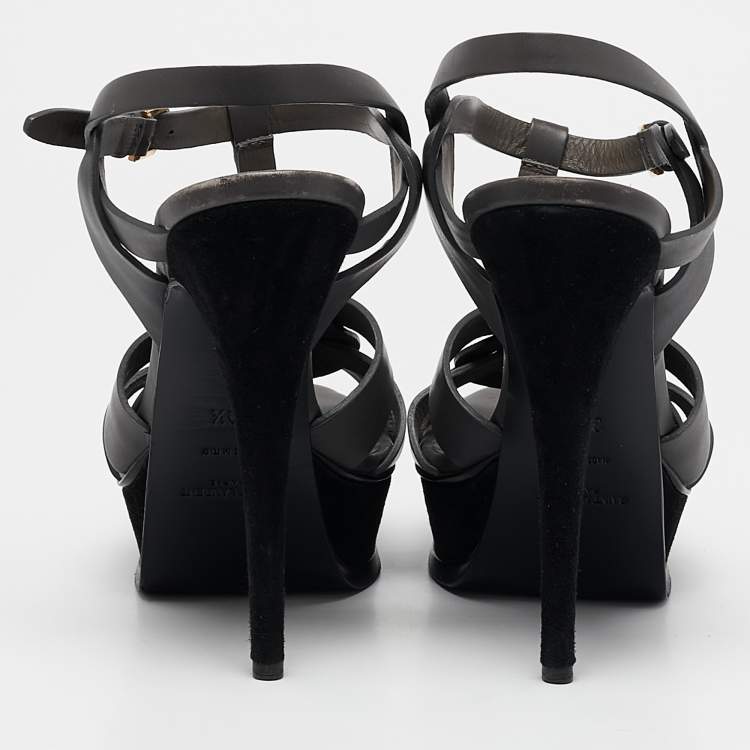 Pre Owned Saint Laurent Grey Leather Tribute Sandals Size 39.5