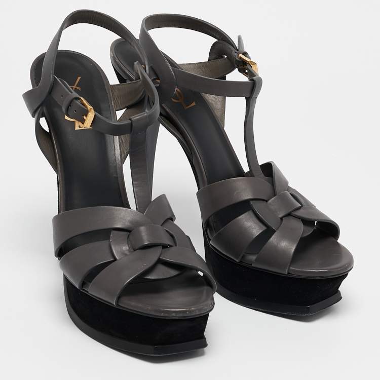 Pre Owned Saint Laurent Grey Leather Tribute Sandals Size 39.5