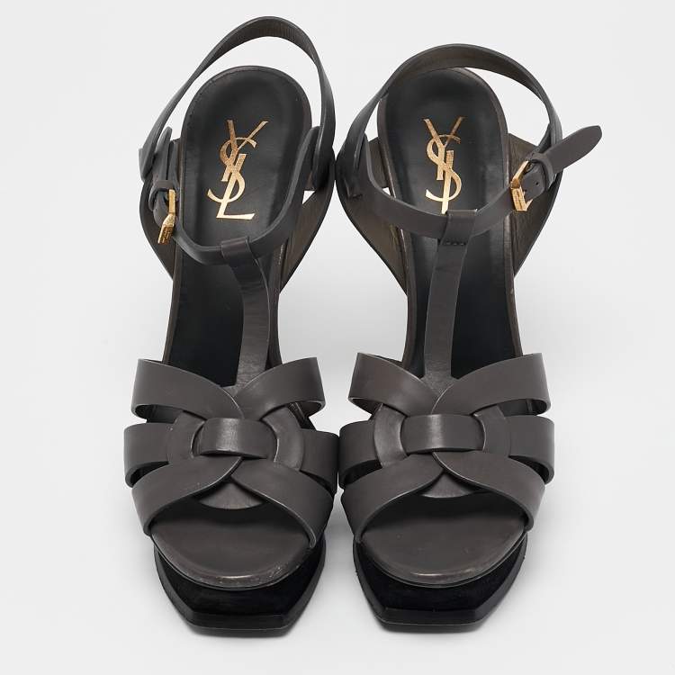 Pre Owned Saint Laurent Grey Leather Tribute Sandals Size 39.5