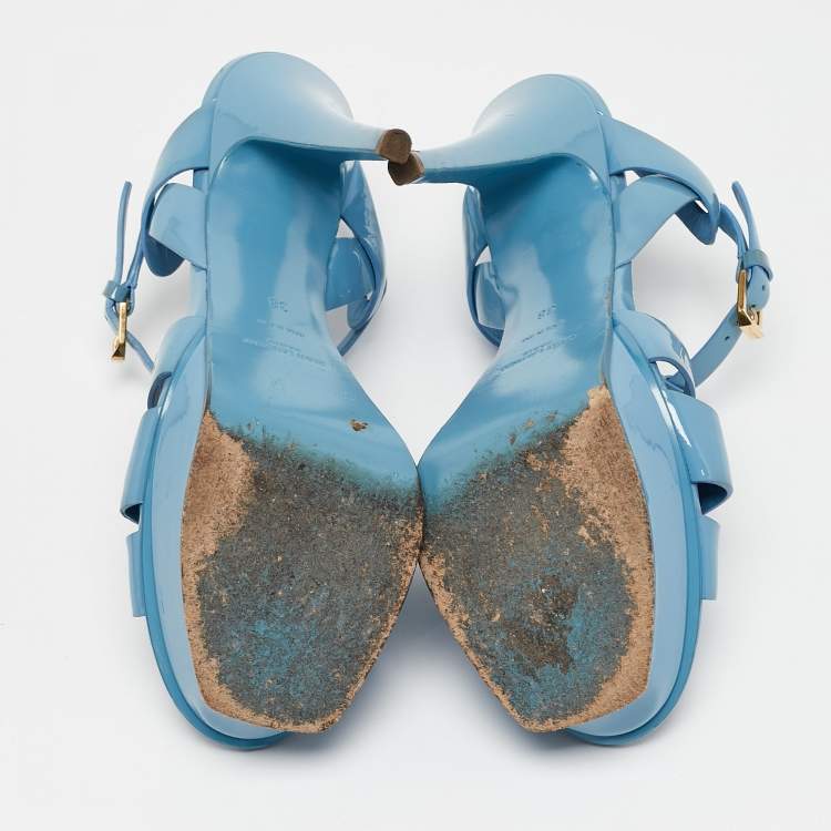 Pre Owned Saint Laurent Blue Patent Leather Tribute Platform Ankle Strap Sandals Size 38