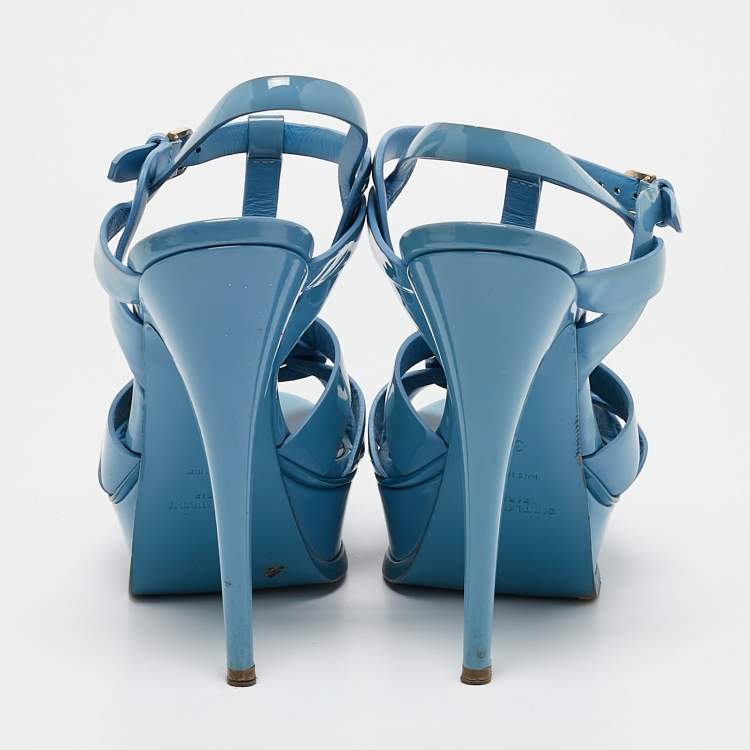 Pre Owned Saint Laurent Blue Patent Leather Tribute Platform Ankle Strap Sandals Size 38