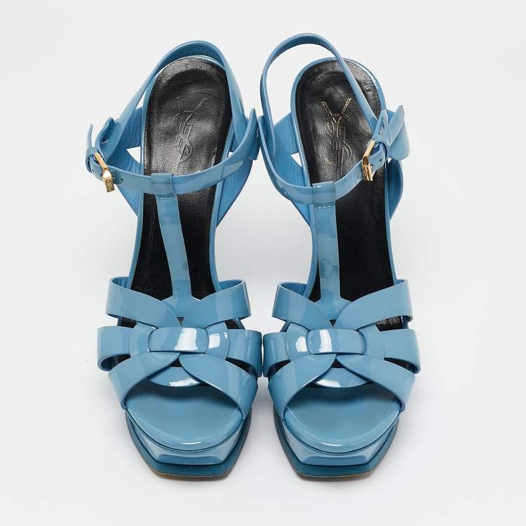 Pre Owned Saint Laurent Blue Patent Leather Tribute Platform Ankle Strap Sandals Size 38