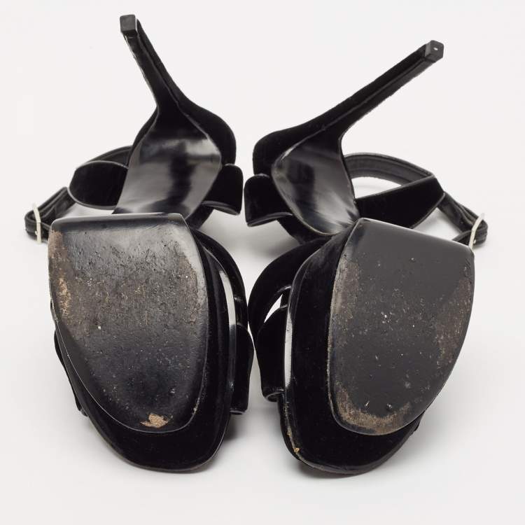 Pre Owned Saint Laurent Black Velvet Tribute Ankle Strap Sandals Size 41
